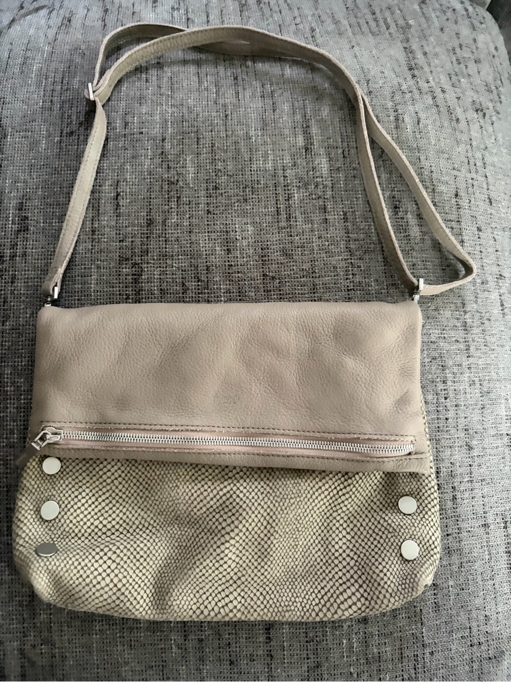 Hammitt VIP Medium Pewter Taupe Gray Leather Studded Crossbody Purse Red Lining